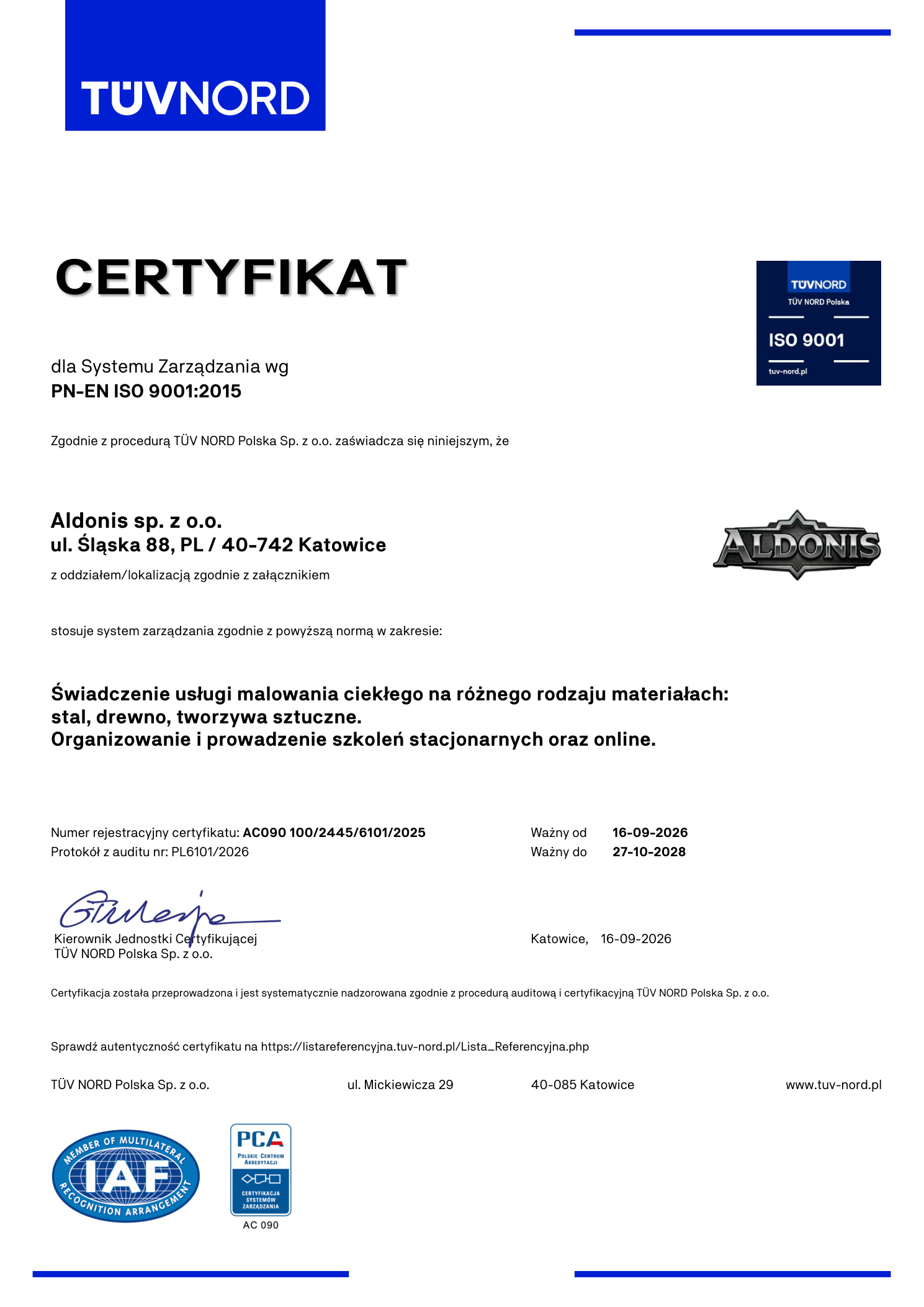 Certyfikat ISO 9001 Aldonis Sp. z o.o.